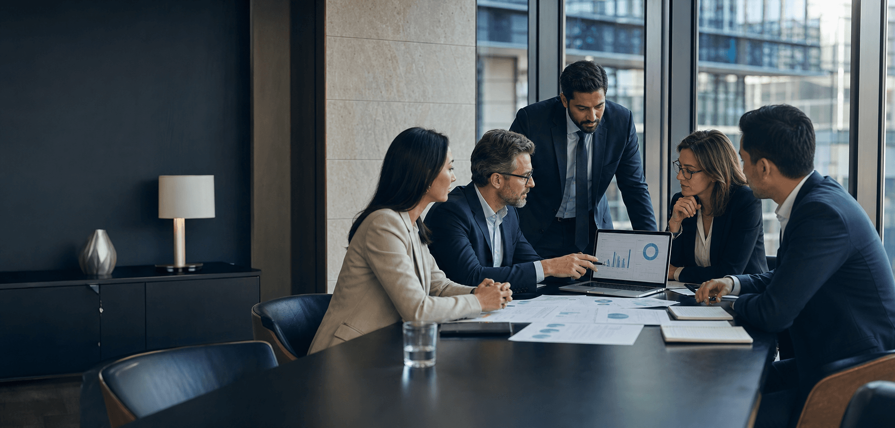 Business and finance professionals reviewing performance together