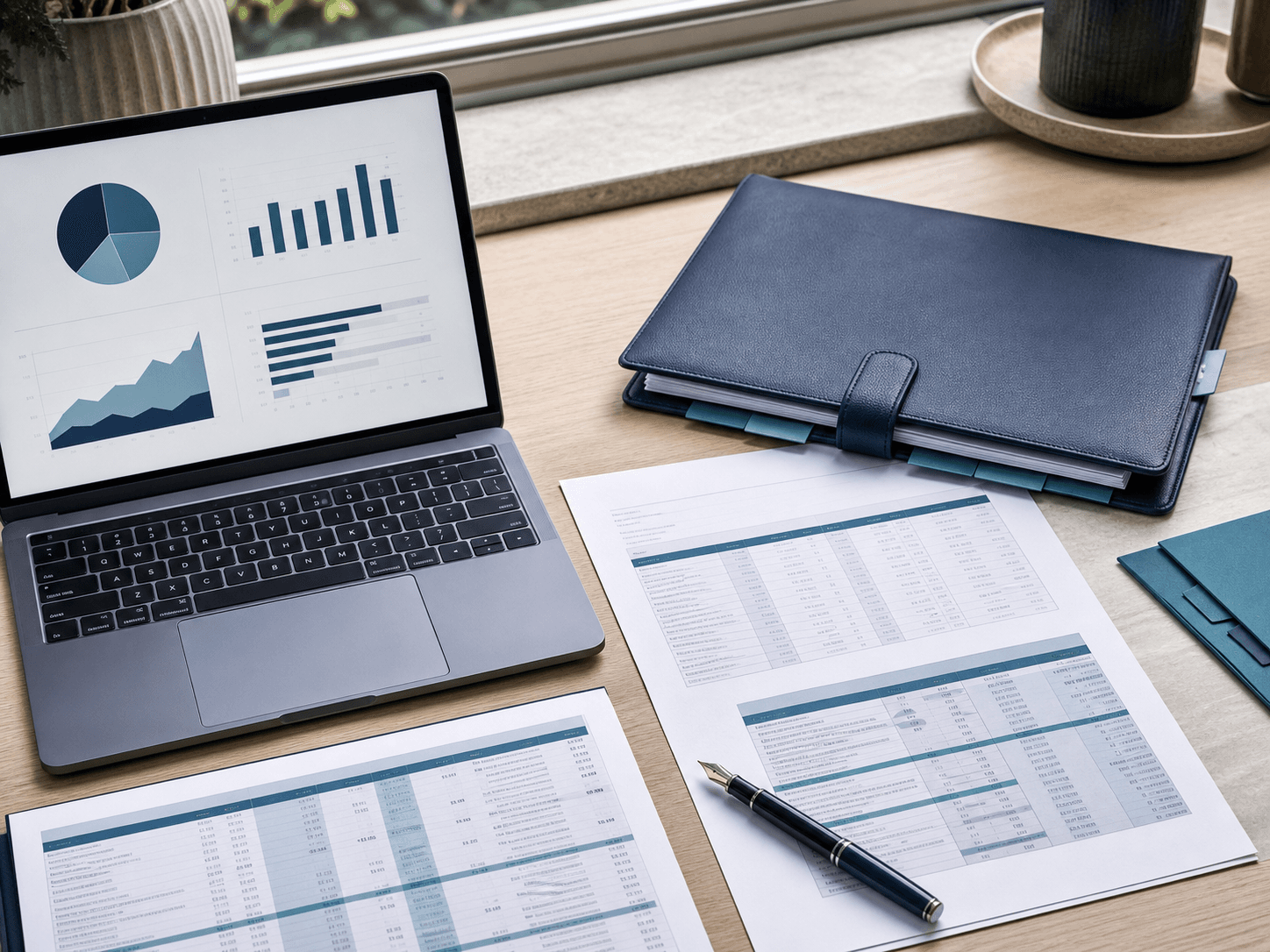 An organised accounting workspace with reports and a laptop