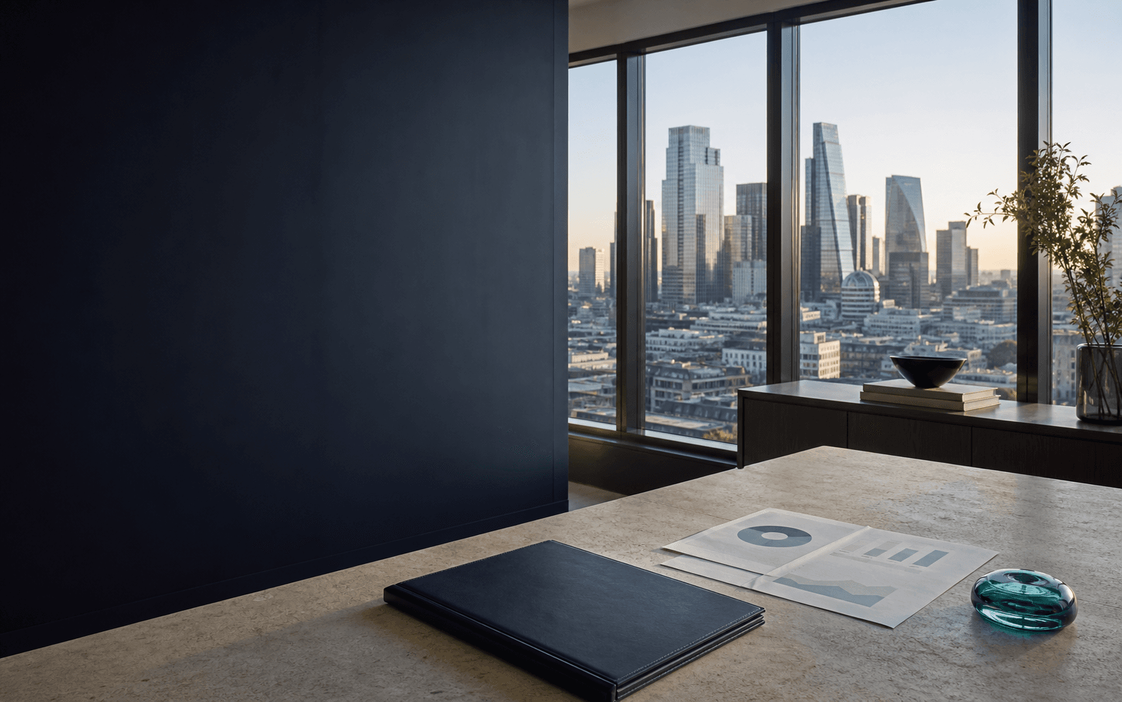 A modern finance workspace overlooking the City of London